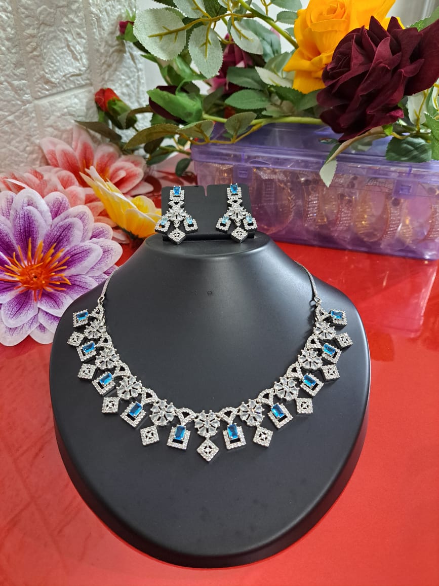 Rhodium plated sky blue American diamond necklace
