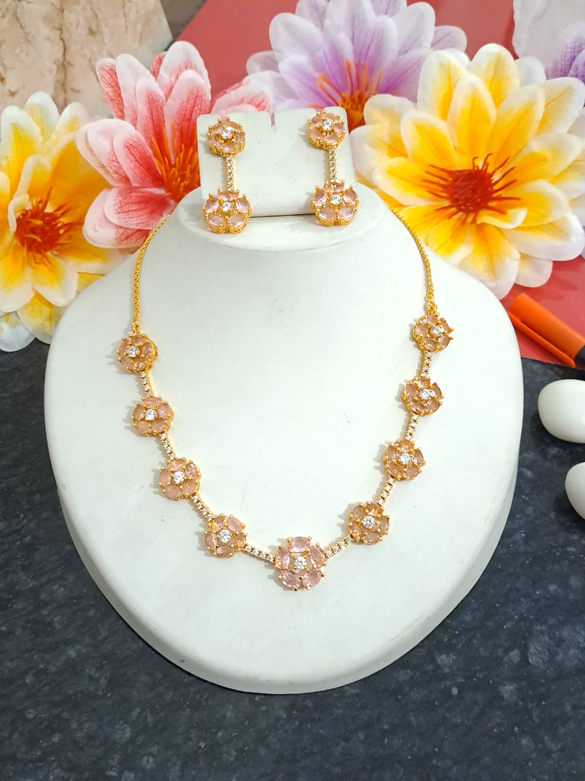 Yellow Golden color American Diamond Necklace set