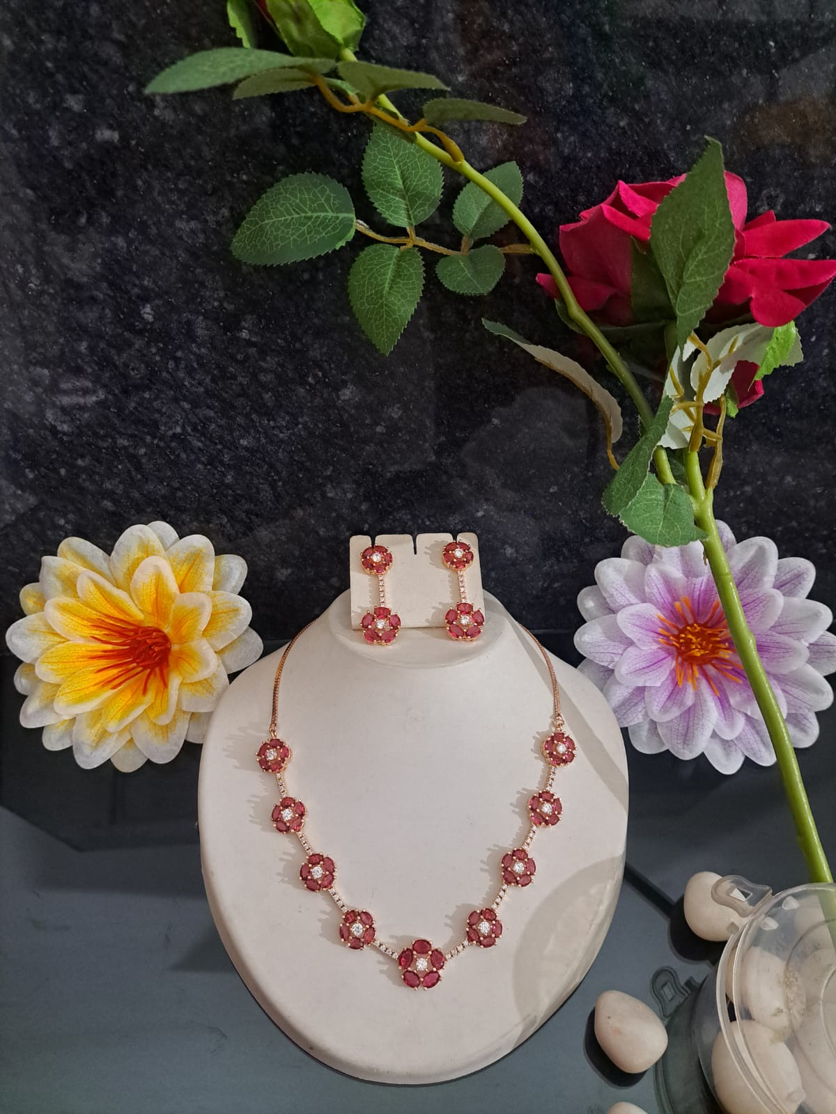 Floral Designer Sleek AD Necklace in hydro red stones