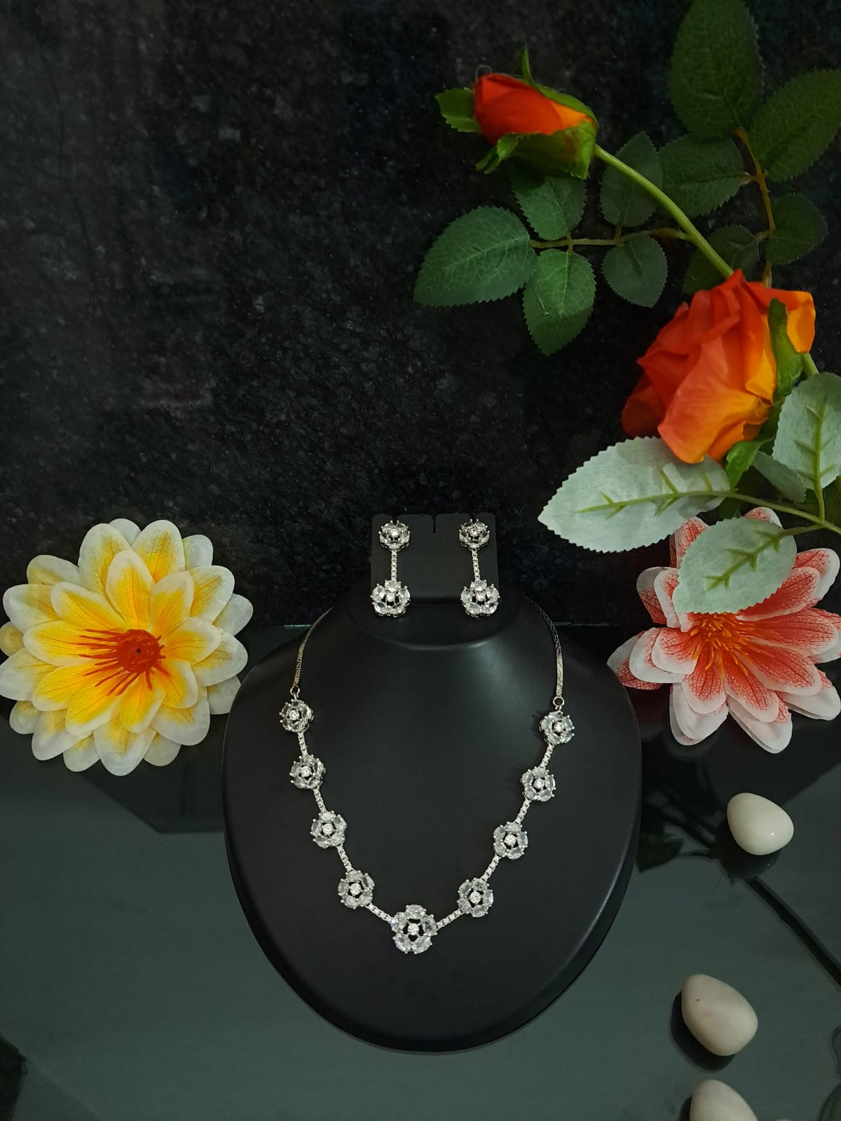 Floral Designer Sleek AD Necklace in oval white stones