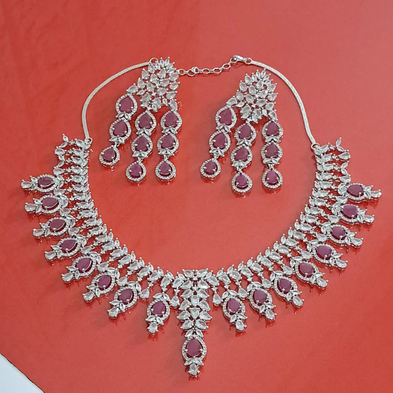 Rhodium Plated White Ruby AD Necklace Wedding Set