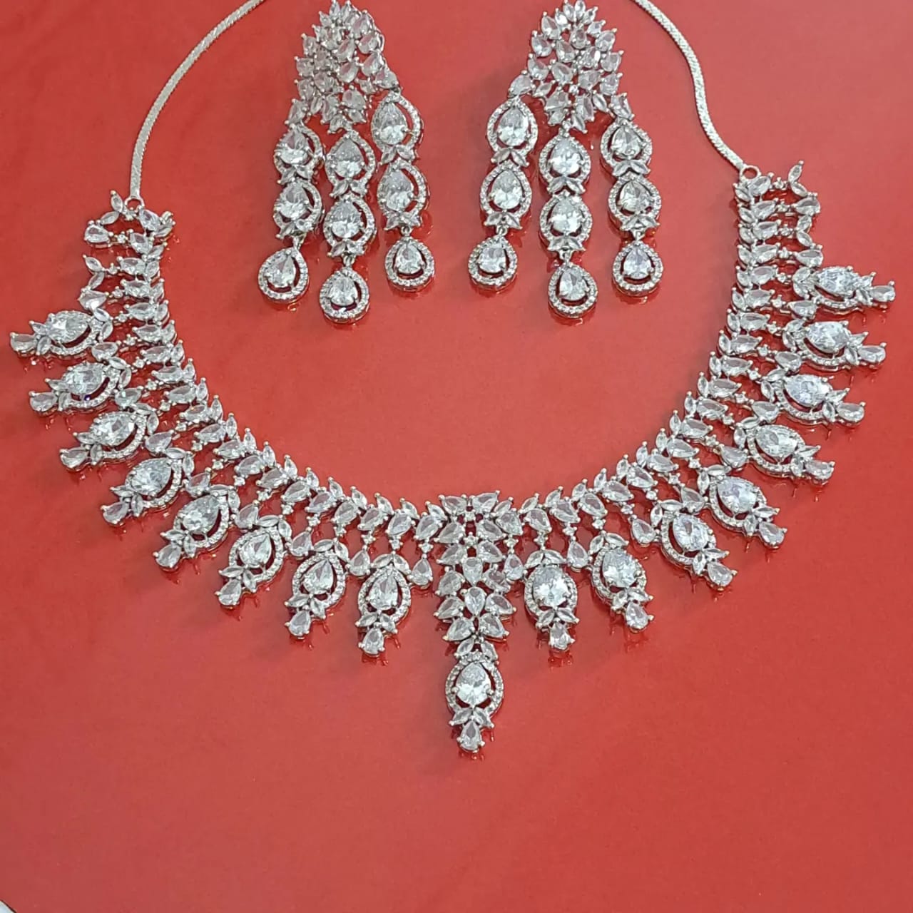 Rhodium Plated White AD Necklace Wedding Set