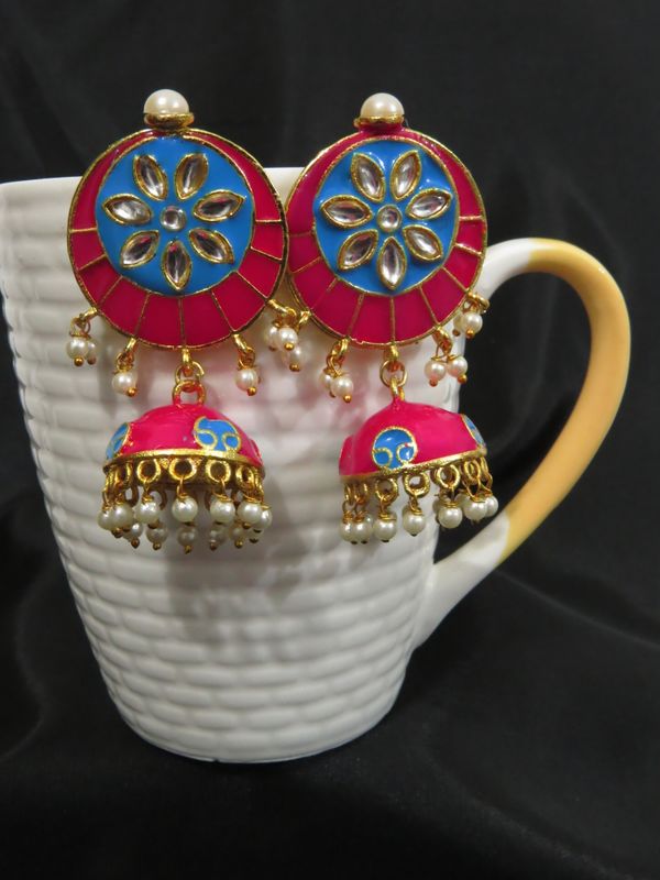 jaipuri small meena jhumki earrings, magenta-blue